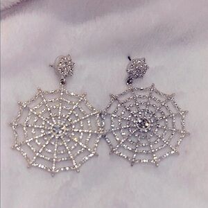 Elegant Silver Spider Web Sparkly Rhinestone Earrings Halloween